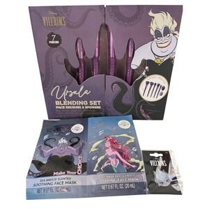 Disney Villains Ursula Makeup Brush Set 7pc Face Sponges Pin and Face Mask